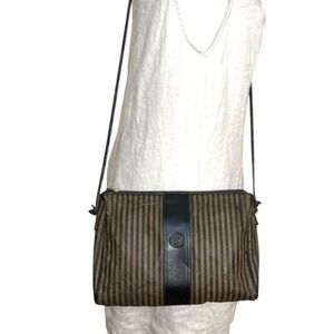 Fendi Roma vintage 90s Pequin striped crossbody coated canvas and leather trim